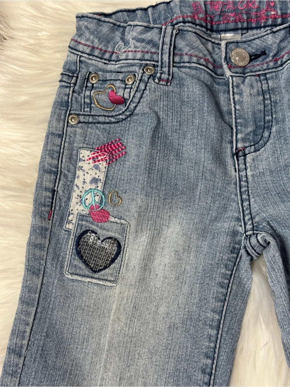 total girl Light Wash Denim Shorts with Pink & Teal Embroidery